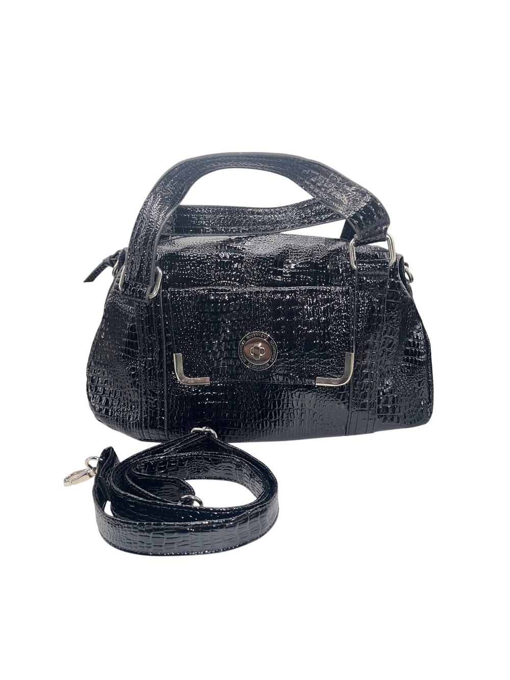Sag Harbor Black Faux Crocodile Hobo Style Bag with Cross Body Strap